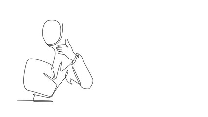 Poster - Self drawing animation of single line draw Arab business woman thumbs up. Excited female dressed in hijab showing thumbs up. Like, agree, approve, accept. Continuous line draw. Full length animated