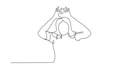 Poster - Self drawing animation of single line draw woman making or gesturing heart symbol with fingers. Modern female lifestyle, healthcare, love shape concept. Continuous line draw. Full length animated