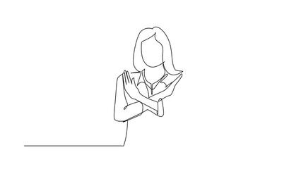 Poster - Animated self drawing of continuous line draw young woman crossing arms and saying no gesture. Person making X shape, stop sign with hands and negative expression. Full length one line animation