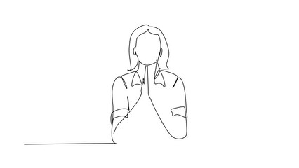 Poster - Animated self drawing of continuous line draw young woman in closed eyes praying hands together. Trendy person holding palms in prayer. Human emotion, body language. Full length single line animation