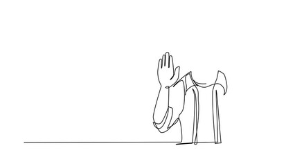 Poster - Animated self drawing of single continuous line draw young businessman showing palm as stop sign, stay, hold or rejection gesture. Emotion and body language concept. Full length one line animation