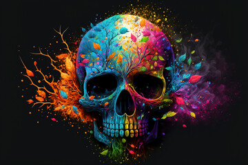 Skull Happy Holy colorful background. Festival of colors, colorful rainbow holi paint color powder explosion isolated white wide panorama background.