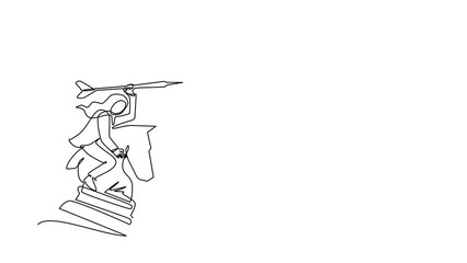 Poster - Animated self drawing of continuous line draw Arabian businesswoman holding a dart arrow while riding chess knight piece, strategic concept. Success business manager. Full length one line animation