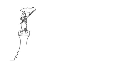 Poster - Animated self drawing of continuous line draw businesswoman standing on top of big rook chess and waving a flag. Leader success concept. Successful business strategy. Full length one line animation