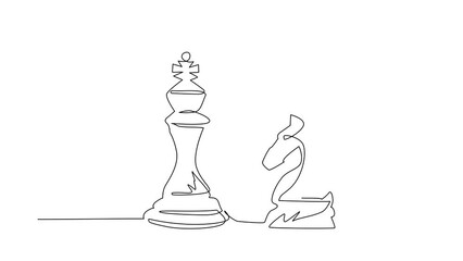 Poster - Self drawing animation of single line draw businesswoman push huge knight chess piece. Business strategy marketing plan. Strategic move in business concept. Continuous line draw. Full length animated