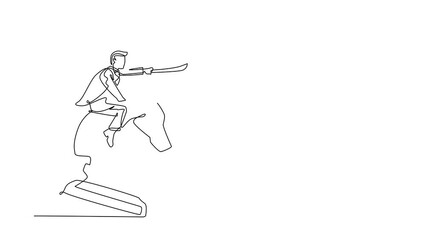 Poster - Self drawing animation of single line draw businessman riding big chess horse knight with sword. Strategy, business, competition, achievement goal concept. Continuous line draw. Full length animated