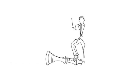 Poster - Animated self drawing of continuous line draw businessman holding flag, defeat competitors as winning chess game. Company strategy using powerful move for advantage. Full length single line animation