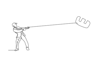 Poster - Animated self drawing of continuous line draw young businessman pulling big rook chess with rope. Business achievement goal, strategy, competitive, strategic concept. Full length single line animation