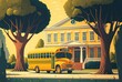 © Jorge Ferreiro - cartoon illustration, a city street with a school building and a yellow bus for schoolchildren AI generative