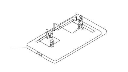 Poster - Self drawing animation of single line draw badminton court with players hitting shuttlecock with their racquets on screen. Professional sports. Mobile app. Continuous line draw. Full length animated