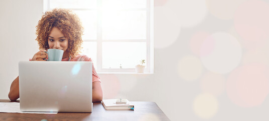 Business woman, laptop and drinking coffee in relax, thinking or planning day at the office on mockup. Creative female designer with warm drink relaxing by computer on desk contemplating in startup