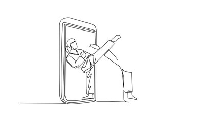 Poster - self drawing animation of single line draw woman karate fighters comes out from cellular phone. prof