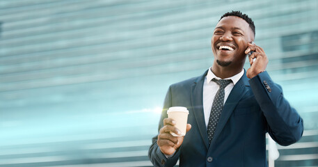 Poster - Phone call, coffee and businessman happy, smile and confident against a building background. Black guy, entrepreneur and smartphone networking, conversation and call with good news while in a city