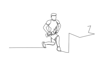 Poster - Self drawing animation of single line draw man doing fitness at home in online classes. Fitness online course concept. Online sports training on laptop. Continuous line draw. Full length animated