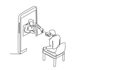 Poster - Animated self drawing of continuous line draw online chess education concept. Young man sitting at table with chessboard. Teacher shows how to play from smartphone. Full length single line animation