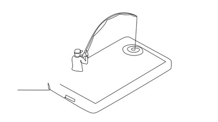 Poster - Self drawing animation of single line draw young male fishing on smartphone screen. Man standing on mobile phone and fishing with rod. Fisherman mobile app. Continuous line draw. Full length animated