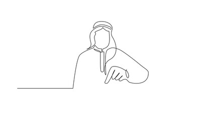 Poster - Self drawing animation of single line draw strategy, leadership management. Smiling Arab businessman sitting and moving chess figure alone feeling confident. Continuous line draw. Full length animated