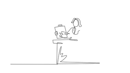 Poster - Animated self drawing of continuous line draw banking clerk showing bank credit, loan contract or agreement sitting at desk with computer. Businesswoman lender. Full length single line animation