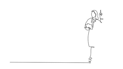 Poster - Self drawing animation of single line draw businesswoman wearing suit holding clipboard and pointing index finger up. Active person keeping file pad in hand. Continuous line draw. Full length animated