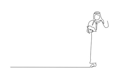 Poster - animated self drawing of continuous line draw businessman wearing traditional clothes holding clipbo