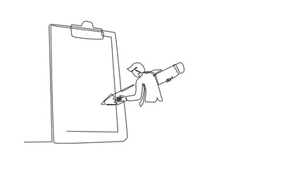 Poster - Animated self drawing of continuous line draw businessman mark checklist with pencil. Person completion business task. Goal achievements planning schedule concept. Full length one line animation