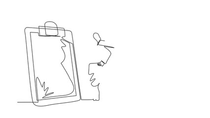 Poster - Animated self drawing of continuous line draw businesswoman with giant pencil on her shoulder nearby marked checklist on clipboard paper. Completion of business tasks. Full length one line animation