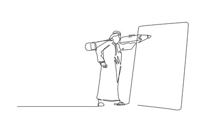 Poster - Animated self drawing of continuous line draw businessman with giant pencil on his shoulder nearby marked checklist on clipboard paper. Completion of business tasks. Full length one line animation