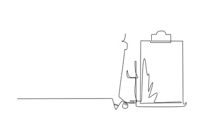Poster - Animated self drawing of continuous line draw businesswoman holding giant pencil looking at completed checklist on clipboard. Effective planning, time management. Full length single line animation