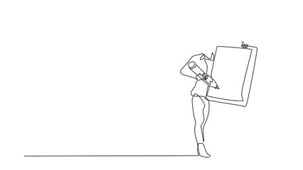 Poster - Self drawing animation of single line draw businesswoman holding clipboard with checklist. Business success completed plan. Achievements planning schedule. Continuous line draw. Full length animated