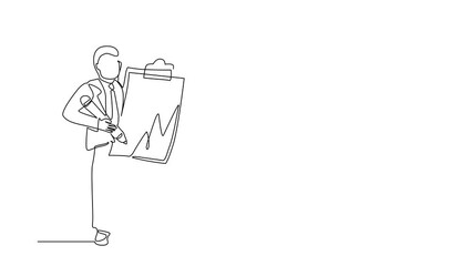 Poster - Self drawing animation of single line draw businessman holding clipboard with checklist. Business success completed plan. Achievements planning schedule. Continuous line draw. Full length animated
