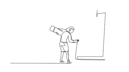 Poster - Animated self drawing of continuous line draw businesswoman mark checklist with pencil. Person completion business task. Goal achievements planning schedule concept. Full length single line animation