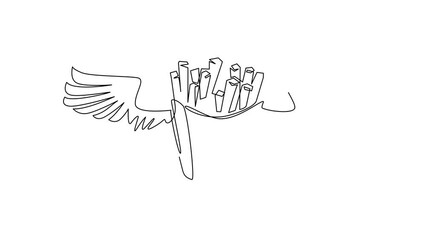 Poster - Self drawing animation of single line draw french fries in paper box with wings, isolated. Flat design logo symbol. French fries fast food in red package. Continuous line draw. Full length animated
