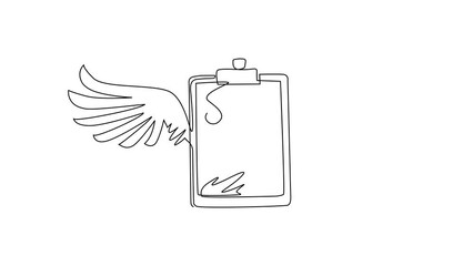 Poster - Animated self drawing of continuous line draw clipboard with wings icon. Task done. Signed approved document icon. Project completed. Check Mark sign. Worksheet sign. Full length single line animation