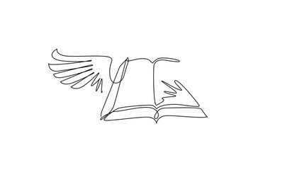 Poster - animated self drawing of continuous line draw flying book with wings. winged book. magic fairy tale 