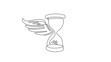 Poster - Animated self drawing of continuous line draw time flies. Hourglass with wings drawing, spending time concept. Hand drawn vintage style. Sandglass with bird wings. Full length single line animation