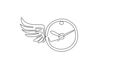 Poster - Self drawing animation of single line draw clock with wings flying in the sky. Lost time concept. Time featuring winged clock flying in the sky. Time flies. Continuous line draw. Full length animated