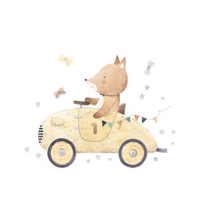 Little Fox Rides In A Yellow Sports Car. Watercolor Illustration. Children's Decor.