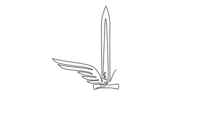 Poster - Animated self drawing of continuous line draw sword wings icon template. Black and white winged sword logo with elegant outspread wings and feathers for logo design. Full length one line animation