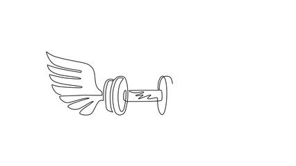 Poster - Self drawing animation of single line draw winged sign created with disc weight dumbbell sport equipment. Sport emblem for weightlifting gym, fitness club. Continuous line draw. Full length animated