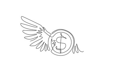 Poster - Animated self drawing of continuous line draw flying money stacks of dollar banknotes. Budget Spending, Bill Expenses. Business, Financial. Winged American currency. Full length single line animation