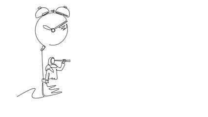 Poster - Animated self drawing of continuous line draw businesswoman, manager ride hot air balloon alarm clock looking forward with telescope. Time management business travel. Full length one line animation