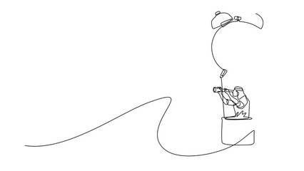 Poster - Animated self drawing of continuous one line draw businessman, manager ride hot air balloon alarm clock looking forward with telescope. Management business travel. Full length single line animation