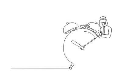 Poster - Self drawing animation of single line draw businessman, manager or employee stand and hugging big clock. Concept of time management, watch, time to work. Continuous line draw. Full length animated