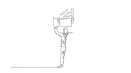 Poster - Animated self drawing of single continuous line draw strong manager or businessman raises big briefcase. Business person has achieved success. Rejoices in success. Full length one line animation