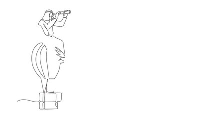 Poster - Self drawing animation of single line draw businessman sitting looking through telescope in air balloon. Male in suitcase balloon search to success. Business. Continuous line. Full length animated