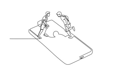 Poster - Self drawing animation of single line draw two people playing football over smartphone screen. Online football game. Smartphone application. Mobile football. Continuous line draw. Full length animated
