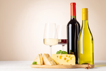 Sticker - Various cheese on board, red and white wine