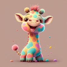 Cute Small Giraffe Contrast Colored Sitting Smiling. Adorable Baby Giraffe In Pixar Disney Style, Generated 3d Art Illustration.