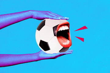 Poster - Photo creative retro collage picture image artwork of human arm hold ball shouting hooray goal isolated on painted background