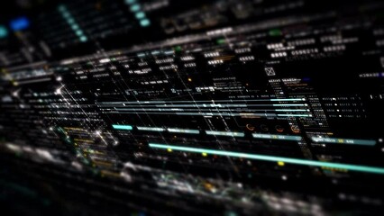 Leinwandbilder - Futuristic abstract de-focus data matrix, meta, metaverse, telemetry and encrypt numbers display with particles simulation in cyber space environment for head up display background
